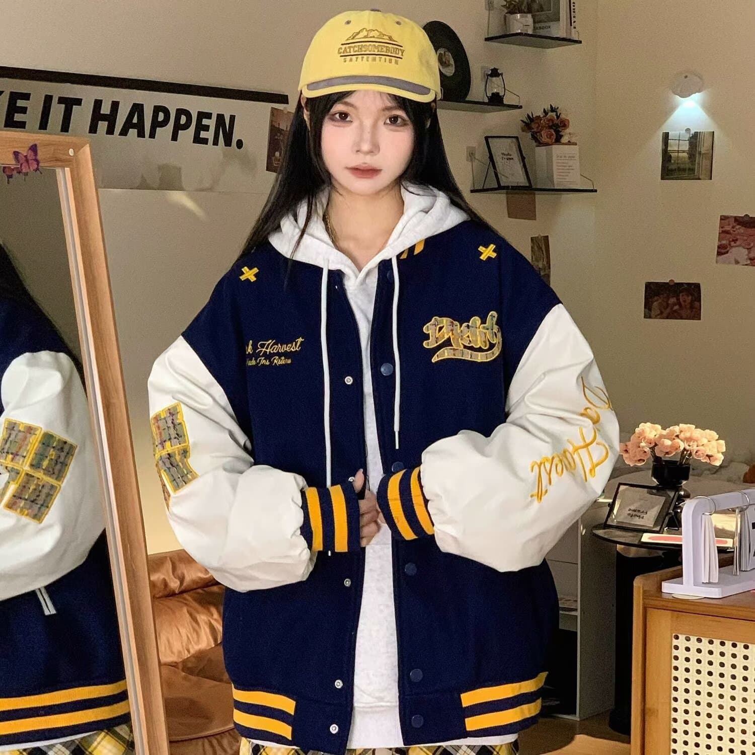 ジェンダーレスファッション アカデミック パッチワーク フーディ ジャケット