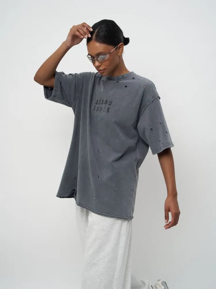 ジェンダーレスファッション ダメージ加工 ドル記号 ジェンダーレス Tシャツ