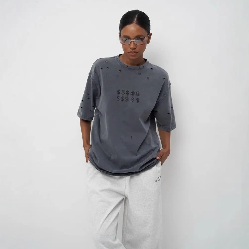 ジェンダーレスファッション ダメージ加工 ドル記号 ジェンダーレス Tシャツ