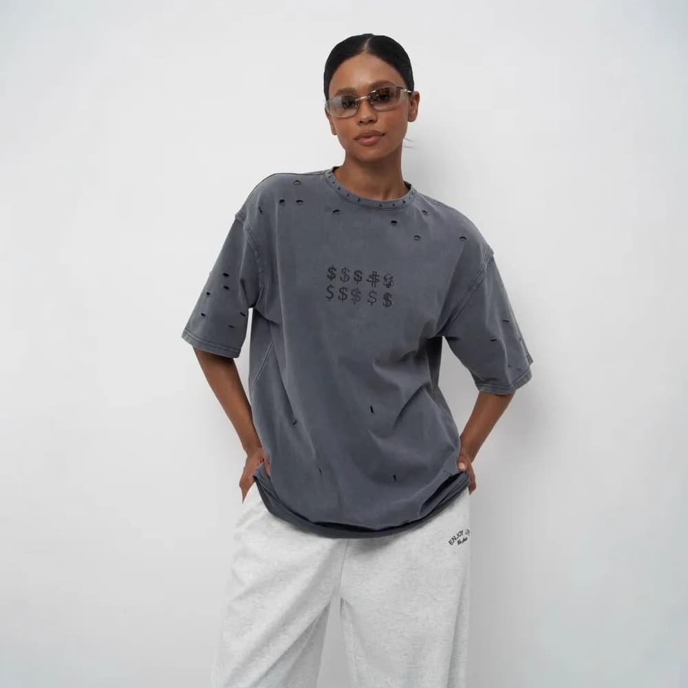 ジェンダーレスファッション ダメージ加工 ドル記号 ジェンダーレス Tシャツ