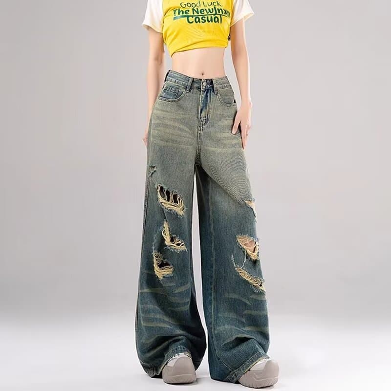 ジェンダーレスファッション ワイドシルエットダメージデニム